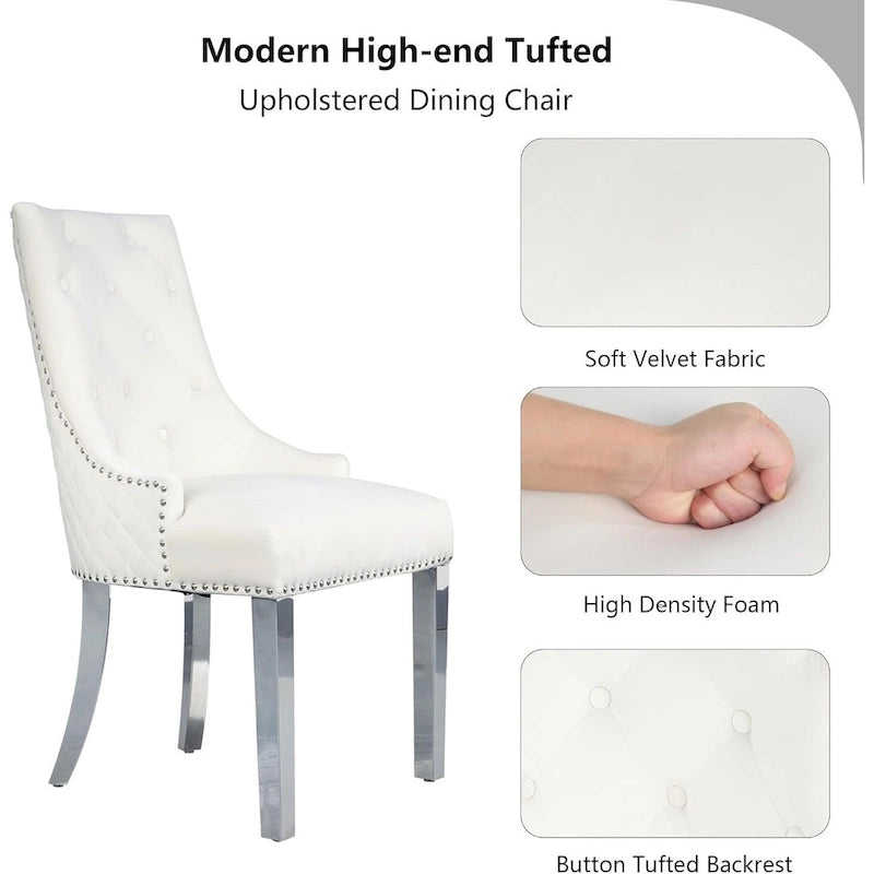 Velvet Dining Chair, Upholstered Tufted Nailhead Dining Room Chair with Stainless Steel Legs & Pull Ring