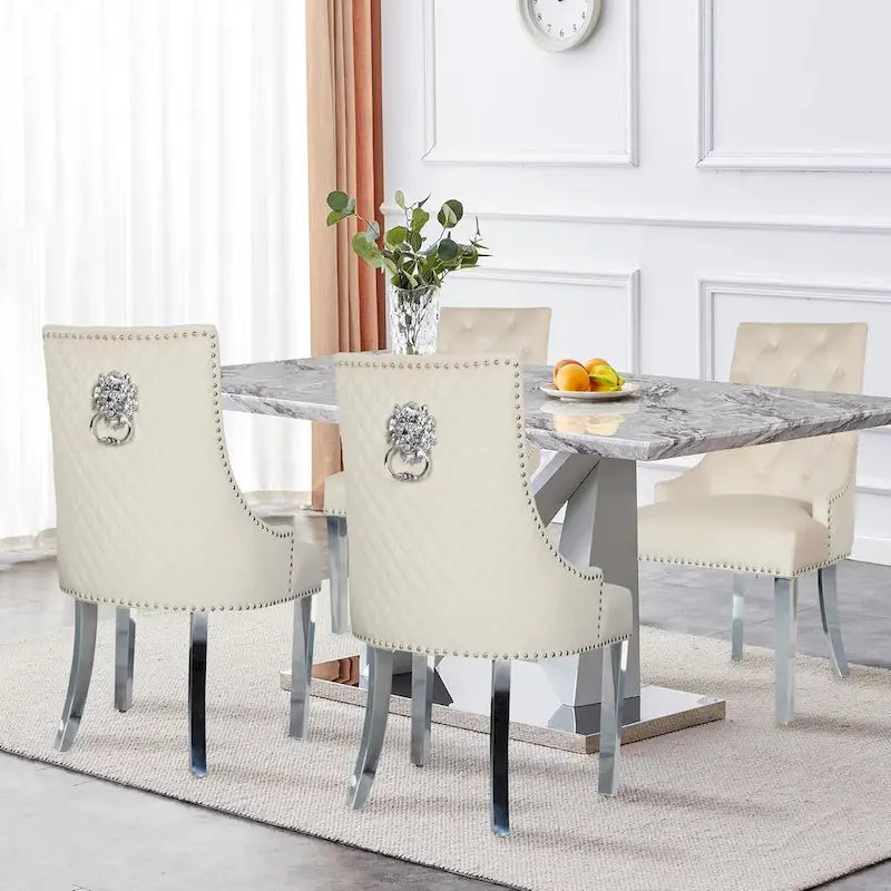 Velvet Dining Chair, Upholstered Tufted Nailhead Dining Room Chair with Stainless Steel Legs & Pull Ring