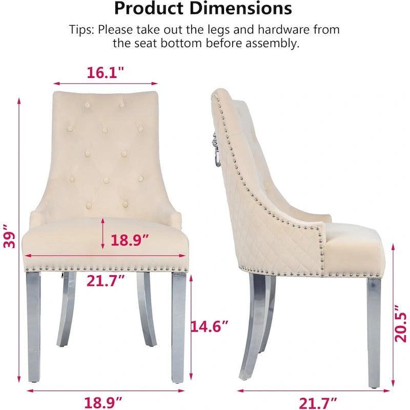 Velvet Dining Chair, Upholstered Tufted Nailhead Dining Room Chair with Stainless Steel Legs & Pull Ring