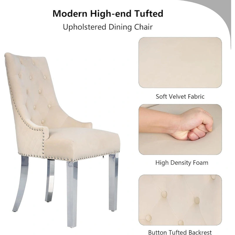 Velvet Dining Chair, Upholstered Tufted Nailhead Dining Room Chair with Stainless Steel Legs & Pull Ring
