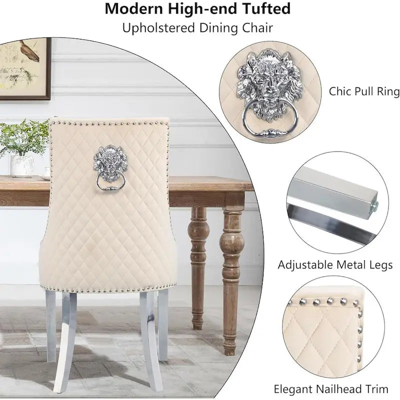 Velvet Dining Chair, Upholstered Tufted Nailhead Dining Room Chair with Stainless Steel Legs & Pull Ring