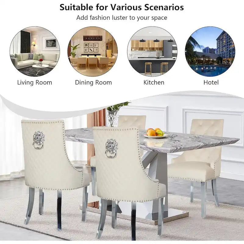 Velvet Dining Chair, Upholstered Tufted Nailhead Dining Room Chair with Stainless Steel Legs & Pull Ring