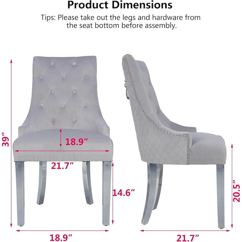 Velvet Dining Chair, Upholstered Tufted Nailhead Dining Room Chair with Stainless Steel Legs & Pull Ring