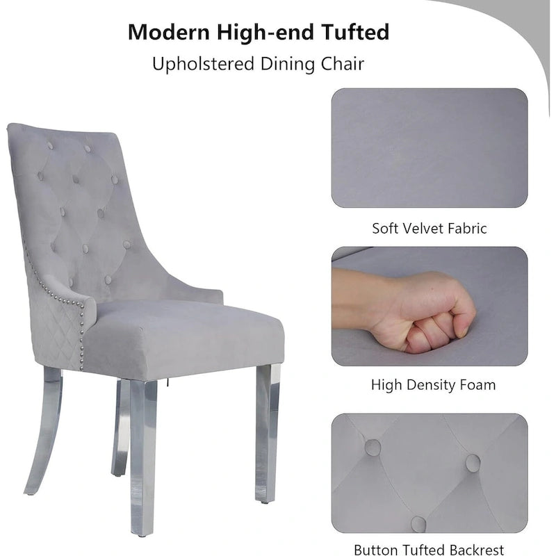 Velvet Dining Chair, Upholstered Tufted Nailhead Dining Room Chair with Stainless Steel Legs & Pull Ring