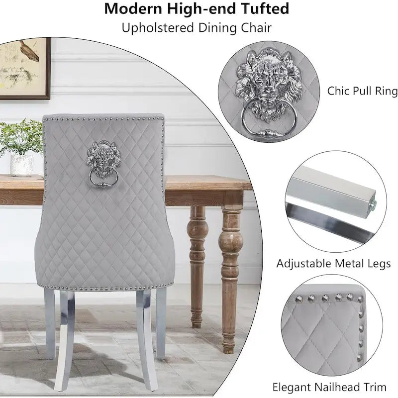 Velvet Dining Chair, Upholstered Tufted Nailhead Dining Room Chair with Stainless Steel Legs & Pull Ring