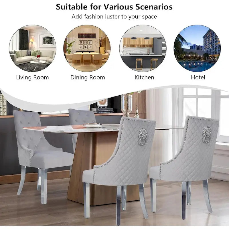 Velvet Dining Chair, Upholstered Tufted Nailhead Dining Room Chair with Stainless Steel Legs & Pull Ring