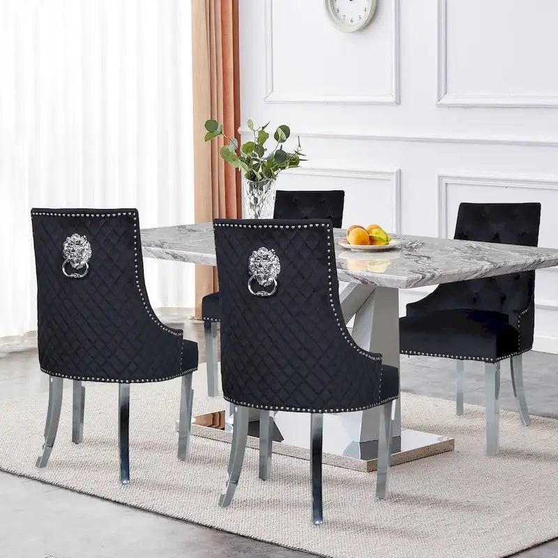Velvet Dining Chair, Upholstered Tufted Nailhead Dining Room Chair with Stainless Steel Legs & Pull Ring