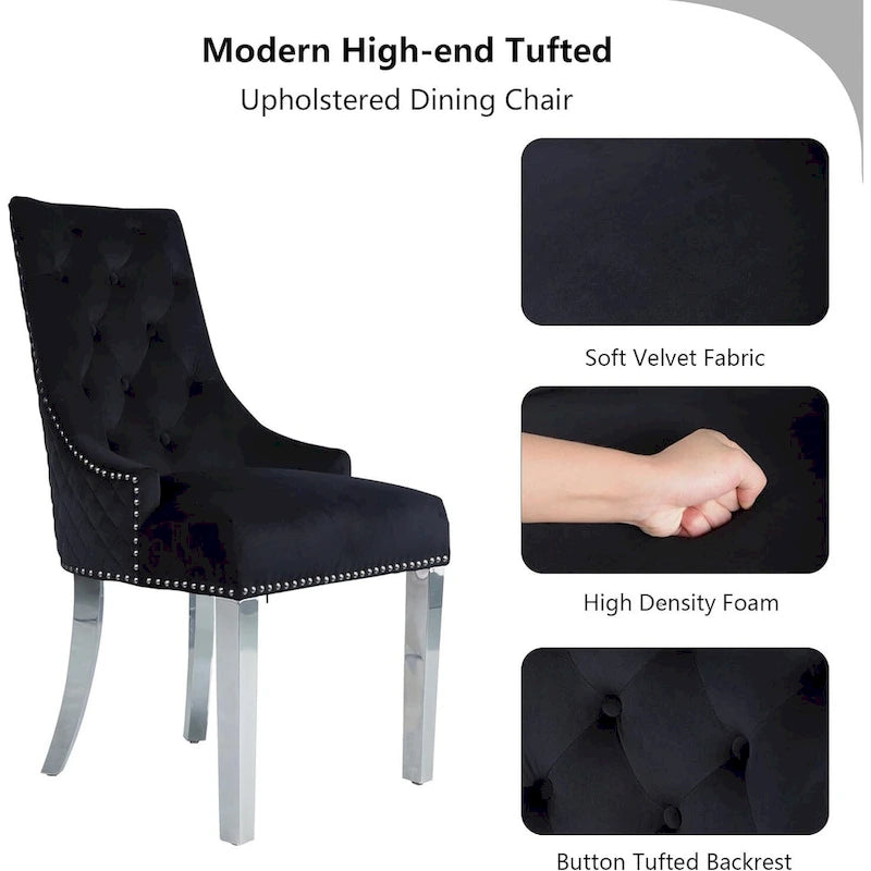 Velvet Dining Chair, Upholstered Tufted Nailhead Dining Room Chair with Stainless Steel Legs & Pull Ring