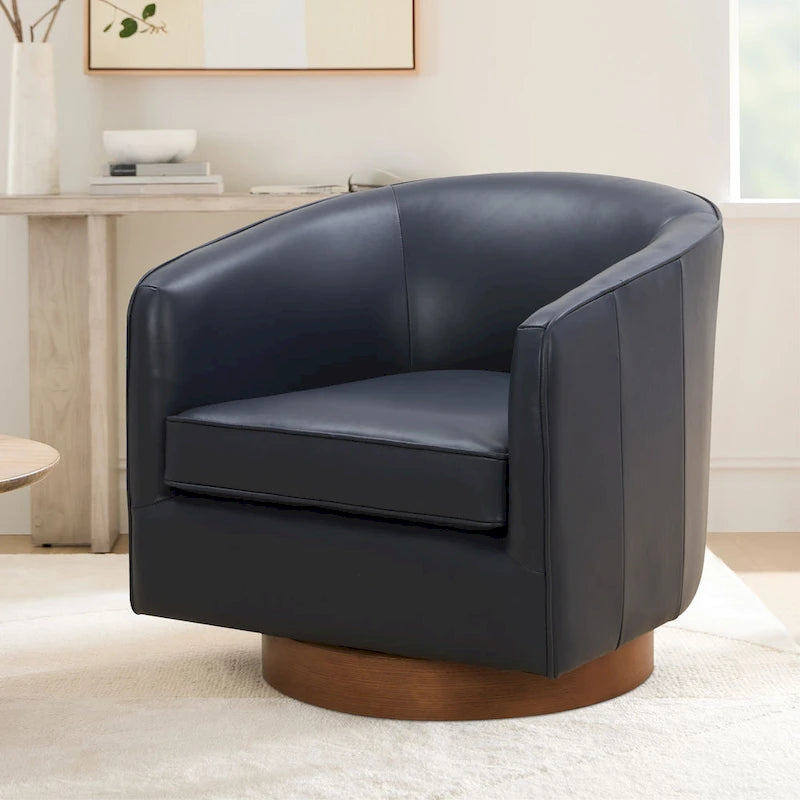 Fauteuil pivotant en cuir pleine fleur avec base en bois
