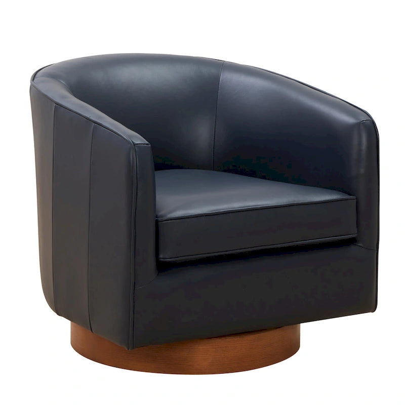 Fauteuil pivotant en cuir pleine fleur avec base en bois