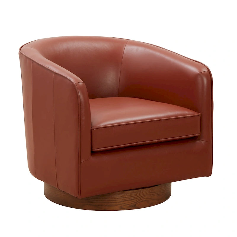 Fauteuil pivotant en cuir pleine fleur avec base en bois