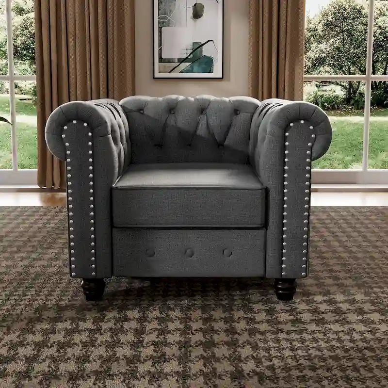 Tufted Upholstered Accent Armchair with Nailhead and Solid Wood Legs
