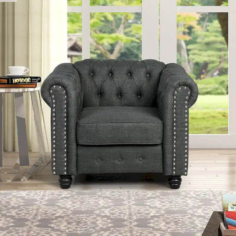 Tufted Upholstered Accent Armchair with Nailhead and Solid Wood Legs