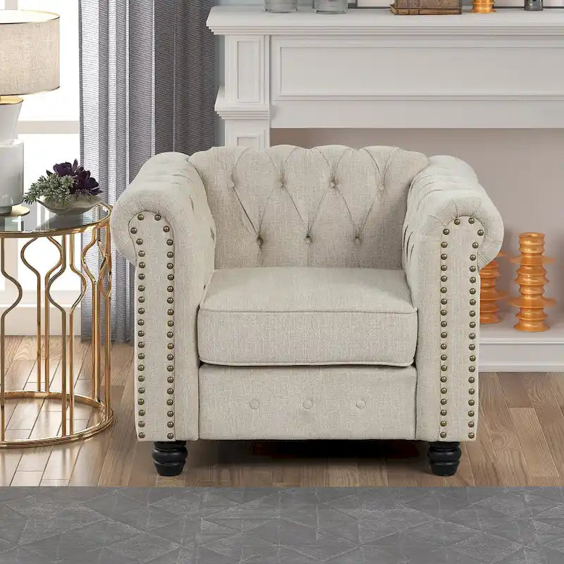 Tufted Upholstered Accent Armchair with Nailhead and Solid Wood Legs