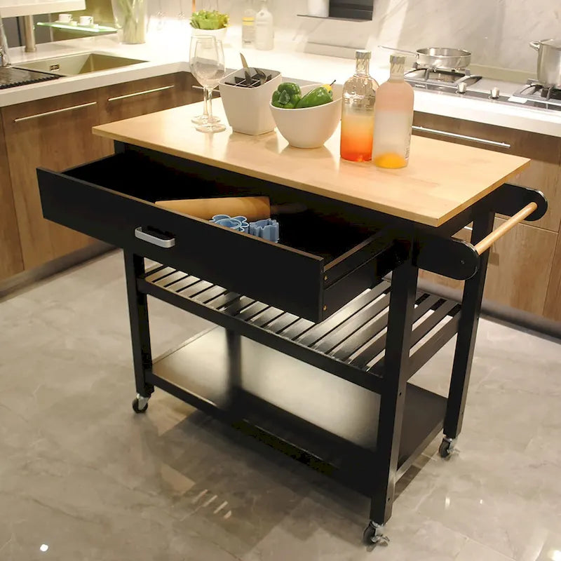 Kitchen Island Cart with Solid Wood Top and Locking Wheels