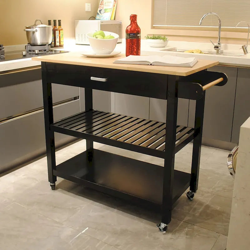 Kitchen Island Cart with Solid Wood Top and Locking Wheels