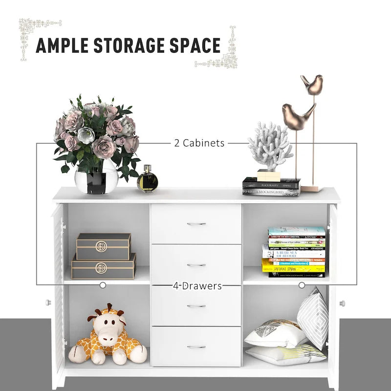 47" Modern Storage Cabinet Buffet Sideboard with Drawers and Louvered Doors - White