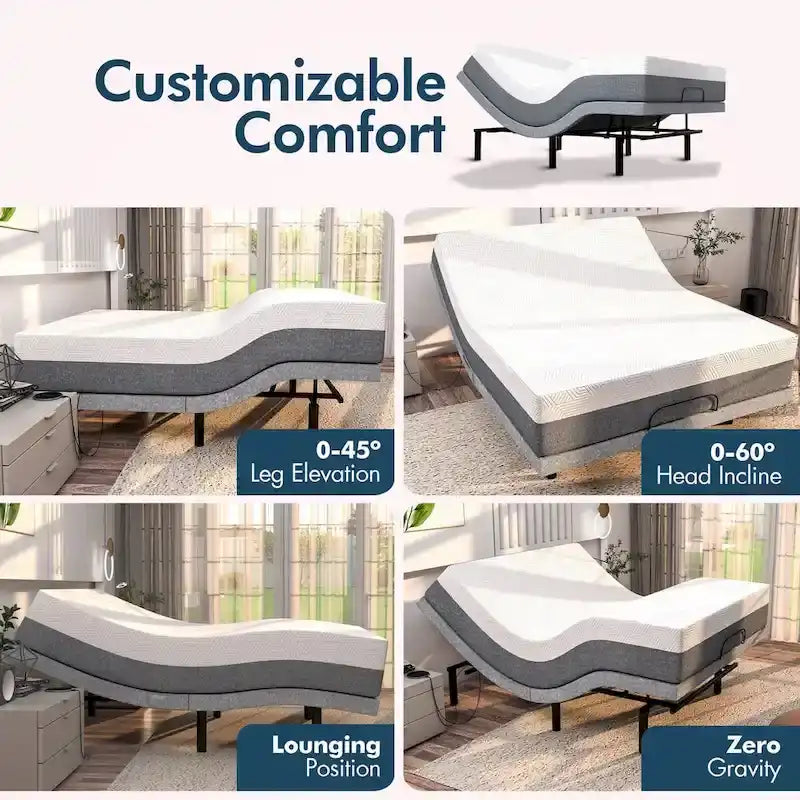 Adjustable Bed Frame with Dual Massage, USB, Underbed Light, App Control, Head and Foot Incline, Reclining Base
