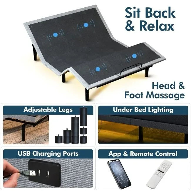 Adjustable Bed Frame with Dual Massage, USB, Underbed Light, App Control, Head and Foot Incline, Reclining Base