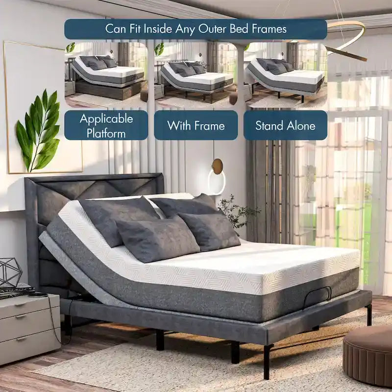 Adjustable Bed Frame with Dual Massage, USB, Underbed Light, App Control, Head and Foot Incline, Reclining Base