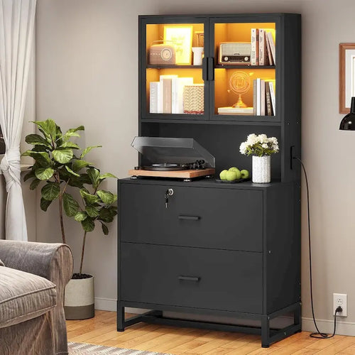 2 Drawer File Cabinet Lock & Charging Station Storage Shelf