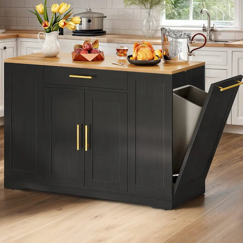 Rolling Kitchen Island with Trash Can Cabinet