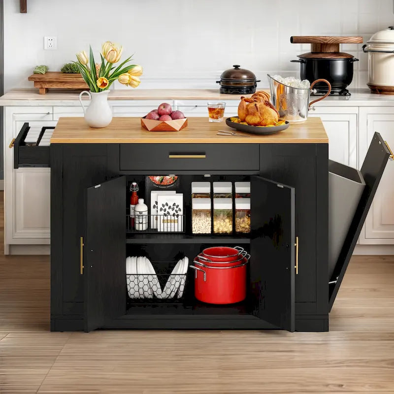 Rolling Kitchen Island with Trash Can Cabinet
