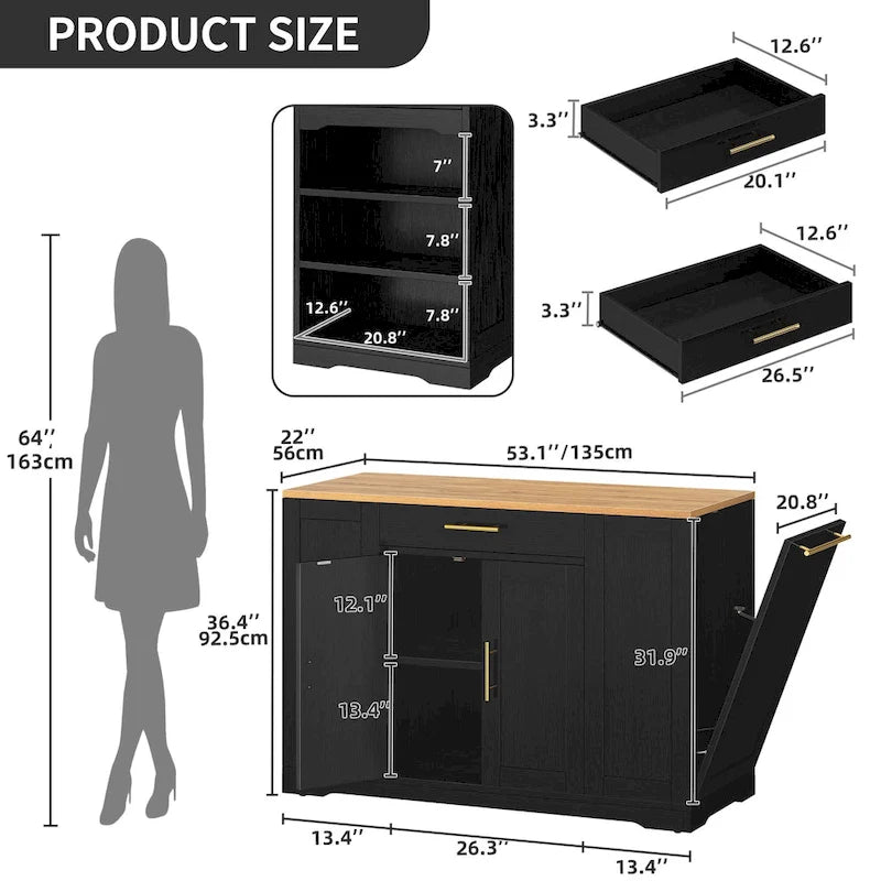 Rolling Kitchen Island with Trash Can Cabinet