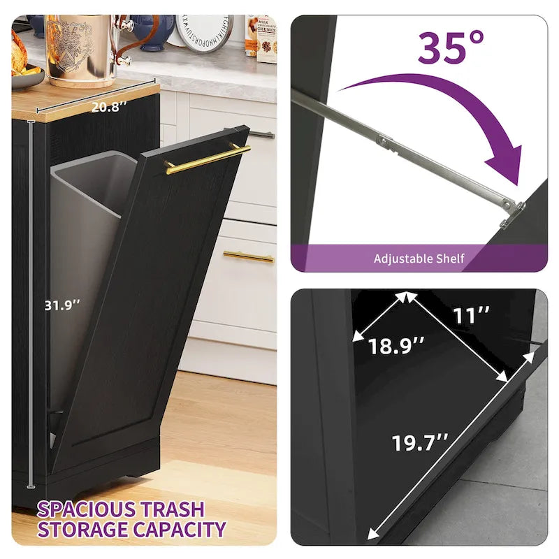 Rolling Kitchen Island with Trash Can Cabinet